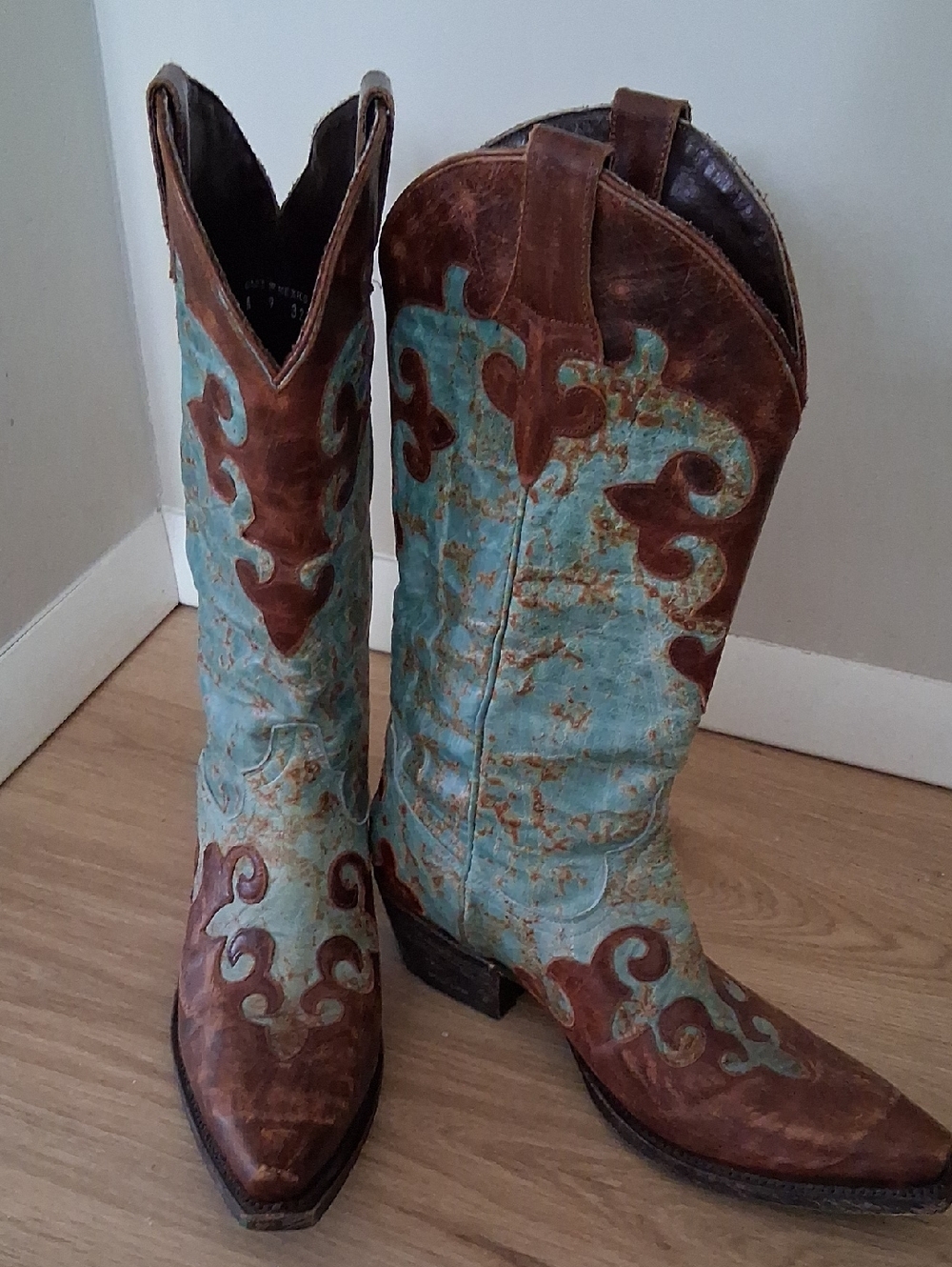 LANE Turquoise and Brown Leather Cowboy Boots, Size 9